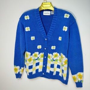 Alexandra Bartlett Knit Floral Daisy Cardigan Sweater Vintage Cottage size Small